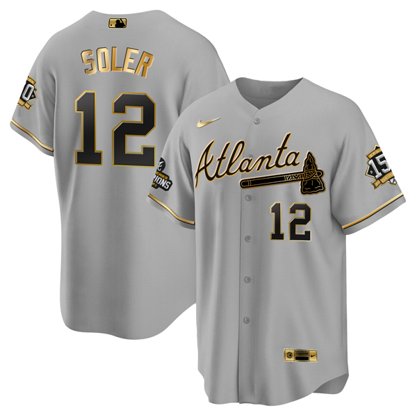 Atlanta Braves #12 Jorge Soler 2021 Gray Gold World Series Champions With 150th Anniversary Patch Cool Base Stitched Jersey