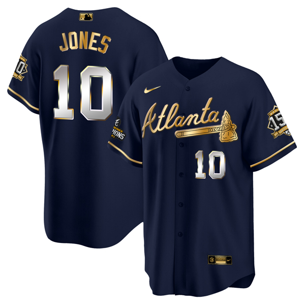 Atlanta Braves #10 Chipper Jones 2021 Navy Gold World Series Champions With 150th Anniversary Patch Cool Base Stitched Jersey