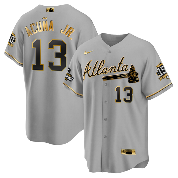 Atlanta Braves #13 Ronald Acuña Jr. 2021 Gray Gold World Series Champions With 150th Anniversary Patch Cool Base Stitched Jersey