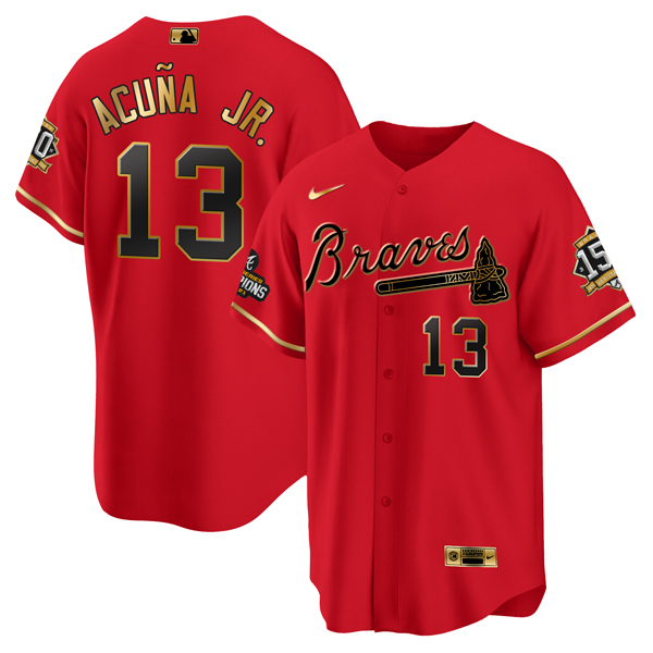 Atlanta Braves #13 Ronald Acuña Jr. 2021 Red Gold World Series Champions With 150th Anniversary Patch Cool Base Stitched Jersey