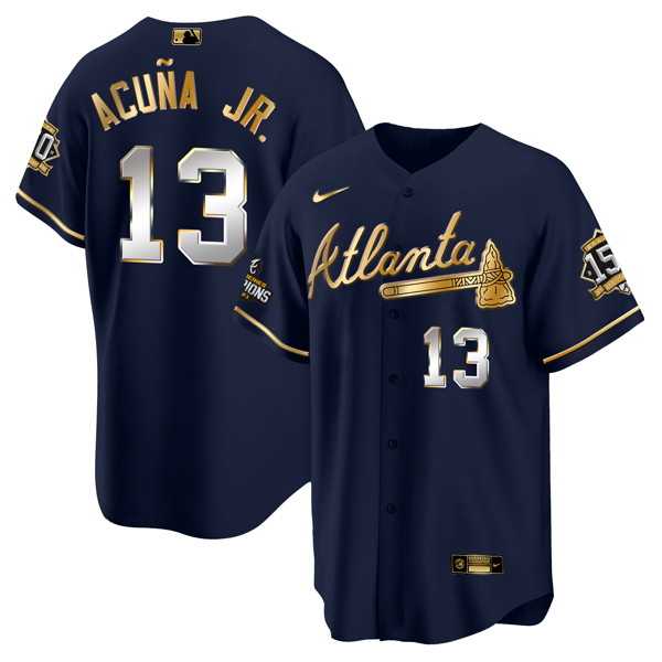 Atlanta Braves #13 Ronald Acuña Jr. 2021 Navy Gold World Series Champions With 150th Anniversary Patch Cool Base Stitched Jersey
