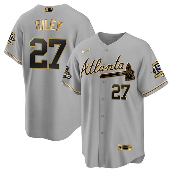 Atlanta Braves #27 Austin Riley 2021 Gray Gold World Series Champions With 150th Anniversary Patch Cool Base Stitched Jersey