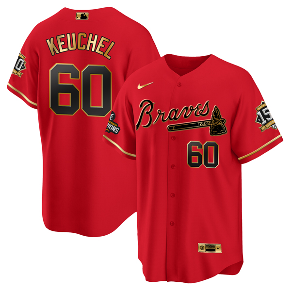 Atlanta Braves #60 Dallas Keuchel 2021 Red Gold World Series Champions With 150th Anniversary Patch Cool Base Stitched Jersey