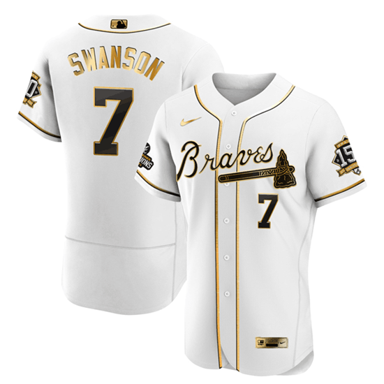 Atlanta Braves #7 Dansby Swanson 2021 White Gold World Series Champions With 150th Anniversary Flex Base Stitched Jersey
