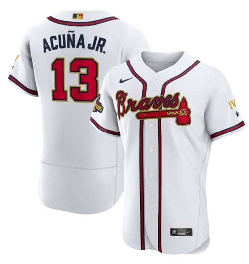 Atlanta Braves #13 Ronald Acuña Jr. 2022 White Gold World Series Champions Program Flex Base Stitched Baseball Jersey