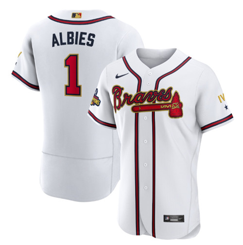 Atlanta Braves #1 Ozzie Albies 2022 White Gold World Series Champions Program Flex Base Stitched Baseball Jersey