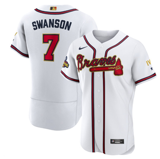 Atlanta Braves #7 Dansby Swanson 2022 White Gold World Series Champions Program Flex Base Stitched Baseball Jersey