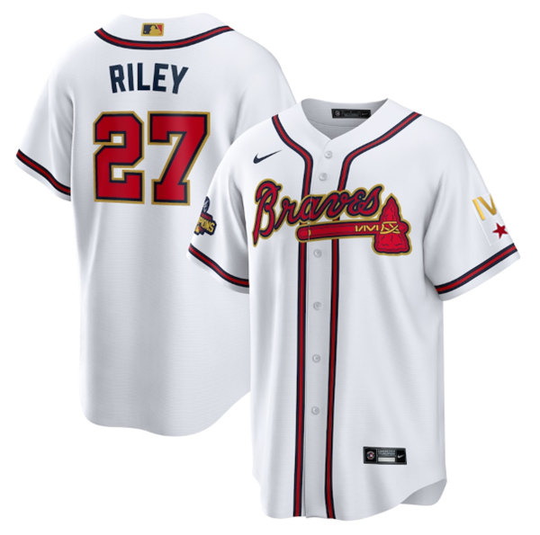 Atlanta Braves #27 Austin Riley 2022 White Gold World Series Champions Program Cool Base Stitched Baseball Jersey