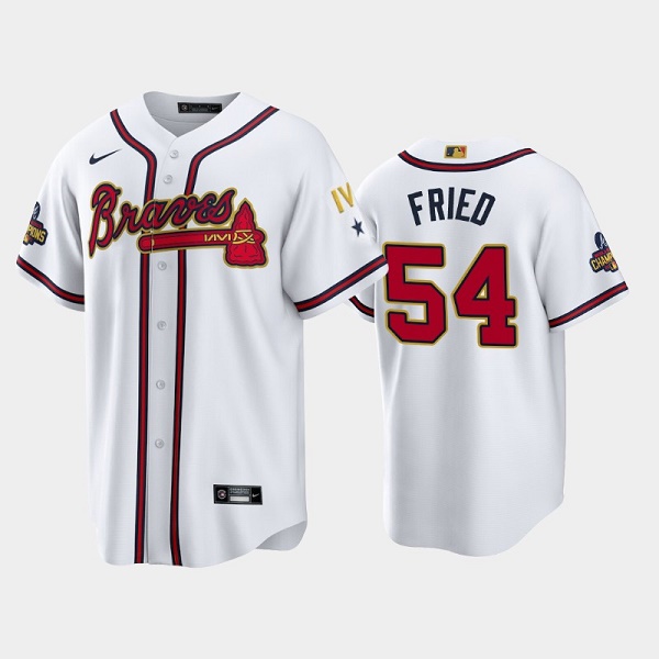 Atlanta Braves #54 Max Fried 2022 White Gold World Series Champions Program Cool Base Stitched Baseball Jersey