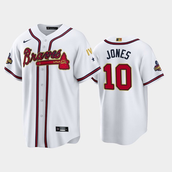 Atlanta Braves #10 Chipper Jones 2022 White Gold World Series Champions Program Cool Base Stitched Baseball Jersey