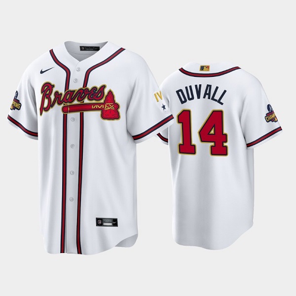 Atlanta Braves #14 Adam Duvall 2022 White Gold World Series Champions Program Cool Base Stitched Baseball Jersey