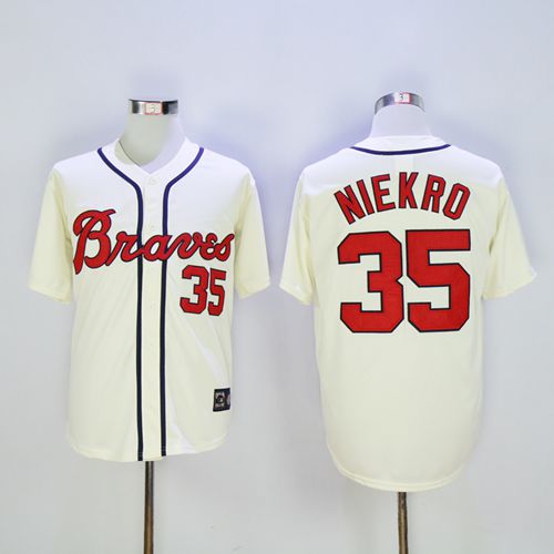 Braves #35 Phil Niekro Cream Throwback Stitched Jersey