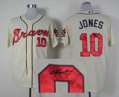 Braves #10 Chipper Jones Cream Cool Base Autographed Stitched Jersey