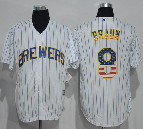 Brewers #8 Ryan Braun White(Blue Strip) USA Flag Fashion Stitched Jersey