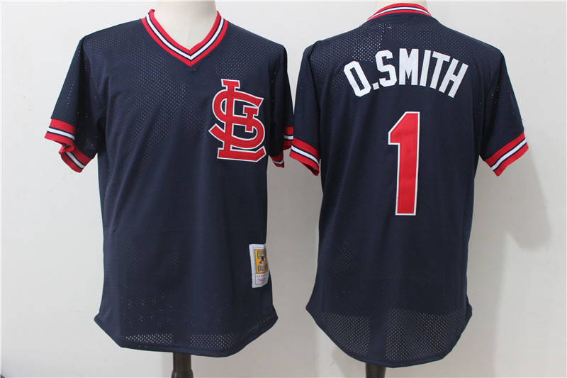 St. Louis Cardinals #1 Ozzie Smith Mitchell Ness Navy 1994 Authentic Cooperstown Collection Mesh Batting Practice Stitched Jersey