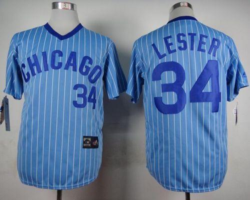 Cubs #34 Jon Lester Blue(White Strip) Cooperstown Throwback Stitched Jersey
