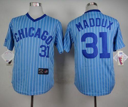 Cubs #31 Greg Maddux Blue(White Strip) Cooperstown Throwback Stitched Jersey