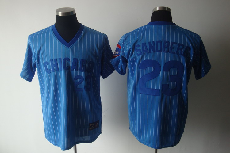 Cubs #23 Ryne Sandberg Blue White Strip Stitched Cooperstown Throwback Jersey