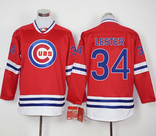 Cubs #34 Jon Lester Red Long Sleeve Stitched Jersey