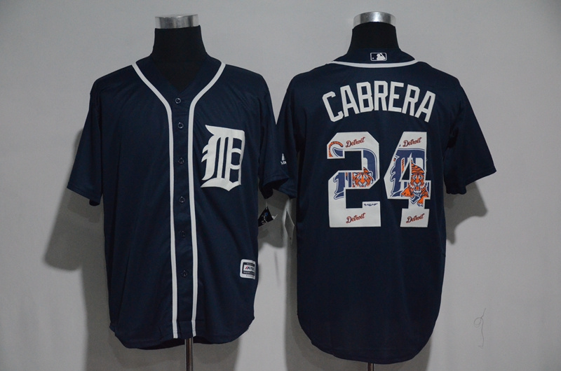 Detroit Tigers #24 Miguel Cabrera Navy Team Logo Print Cool Base Stitched Jersey