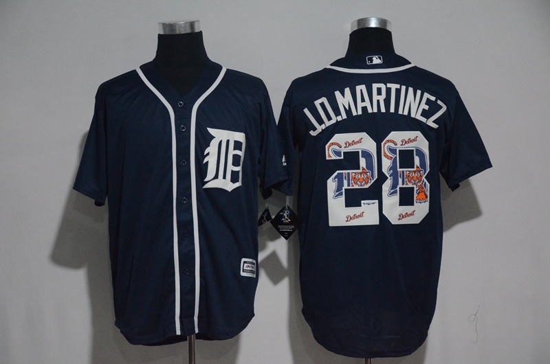 Detroit Tigers #28 J. D. Martinez Navy Team Logo Print Cool Base Stitched Jersey