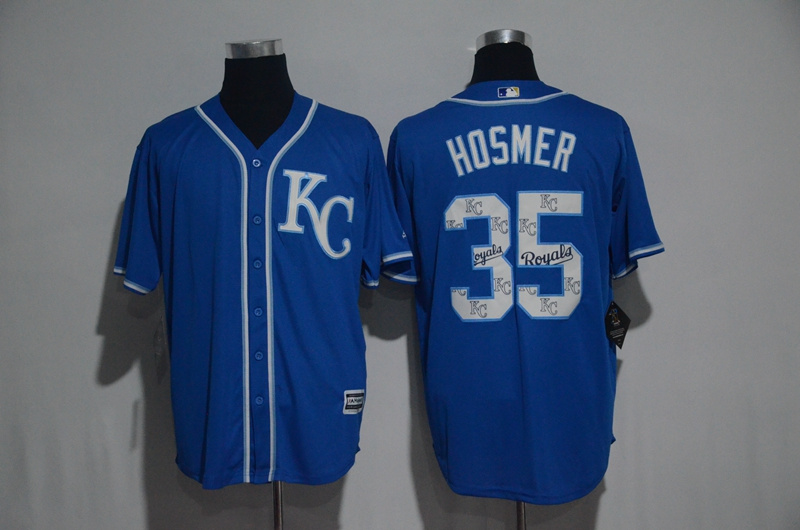 Kansas City Royals #35 Eric Hosmer Blue Team Logo Print Cool Base Stitched Jersey