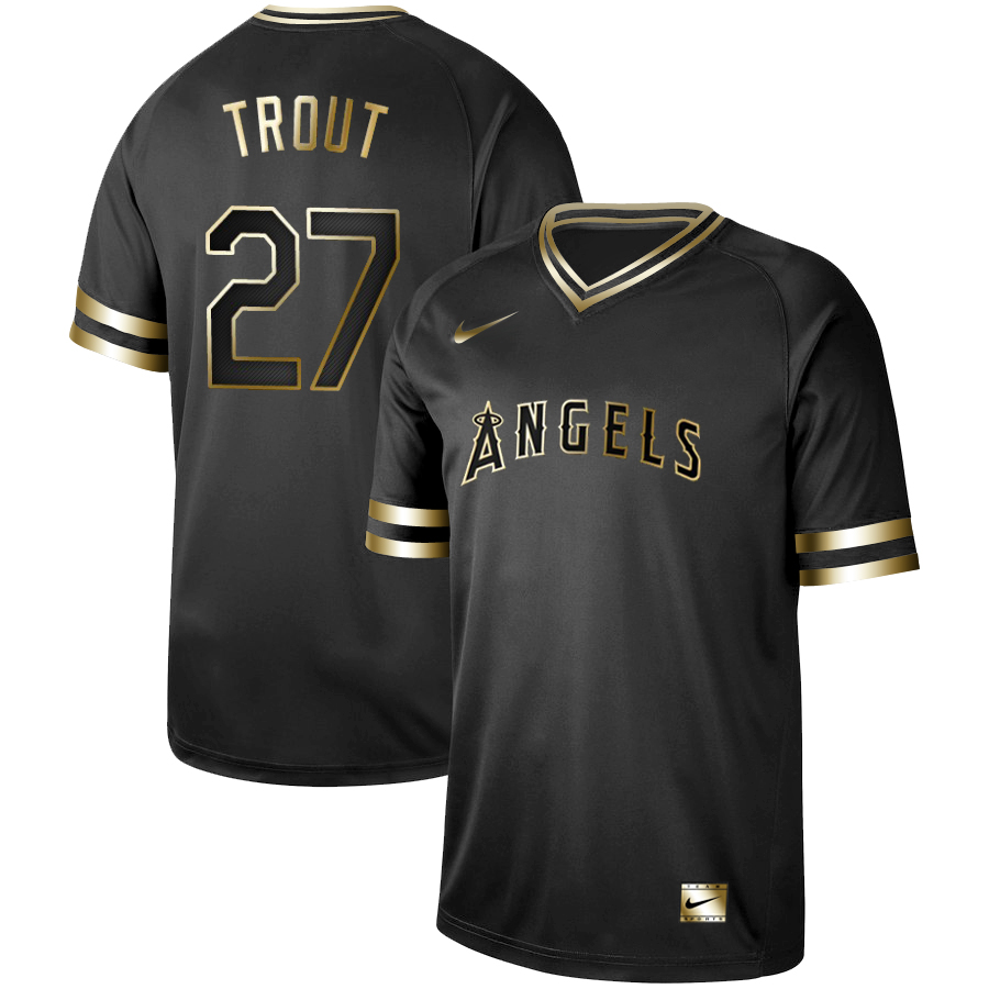 Los Angeles Angels #27 Mike Trout Black Gold Stitched Jersey