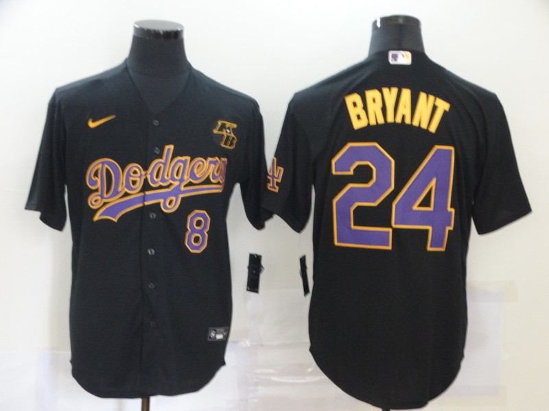 Los Angeles Dodgers Front #8 Back #24 Kobe Bryant Throwback Black With KB Patch Cool Base Stitched Jersey