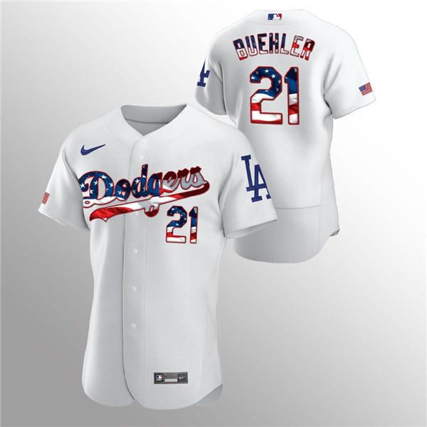 Los Angeles Dodgers White #21 Walker Buehler 2020 Stars Stripes Flex Base Stitched Jersey