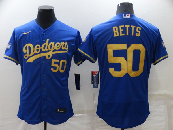 Los Angeles Dodgers #50 Mookie Betts Blue Gold 2020 World Series Flex Base Stitched Jersey