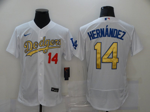 Los Angeles Dodgers #14 Kiké Hernández 2021 White Gold Sttiched Jersey