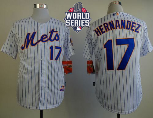 Mets #17 Keith Hernandez White(Blue Strip) Home Cool Base W 2015 World Series Patch Stitched Jersey