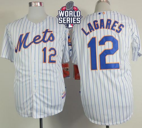 Mets #12 Juan Lagares White(Blue Strip) Home Cool Base W 2015 World Series Patch Stitched Jersey