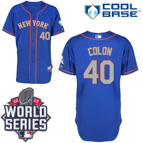 Mets #40 Bartolo Colon Blue(Grey NO.) Alternate Road Cool Base W 2015 World Series Patch Stitched Jersey