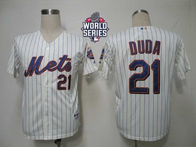 Mets #21 Lucas Duda Cream Blue Strip Alternate Cool Base W 2015 World Series Patch Stitched Jersey