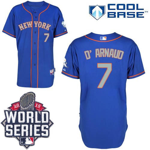 Mets #7 Travis D'Arnaud Blue(Grey NO.) Alternate Road Cool Base W 2015 World Series Patch Stitched Jersey