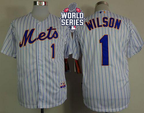 Mets #1 Mookie Wilson White(Blue Strip) Home Cool Base W 2015 World Series Patch Stitched Jersey
