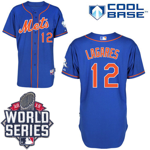 Mets #12 Juan Lagares Blue Alternate Home Cool Base W 2015 World Series Patch Stitched Jersey