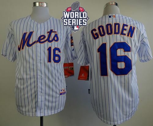 Mets #16 Dwight Gooden White(Blue Strip) Home Cool Base W 2015 World Series Patch Stitched Jersey