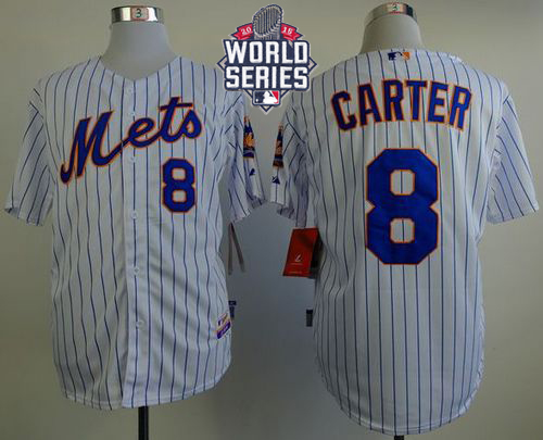 Mets #8 Gary Carter White(Blue Strip) Home Cool Base W 2015 World Series Patch Stitched Jersey