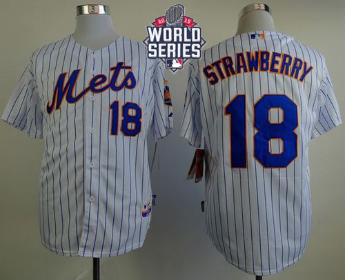 Mets #18 Darryl Strawberry White(Blue Strip) Home Cool Base W 2015 World Series Patch Stitched Jersey