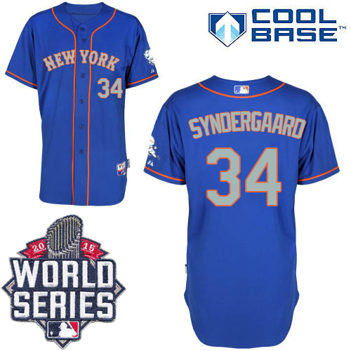 Mets #34 Noah Syndergaard Blue(Grey NO.) Alternate Road Cool Base W 2015 World Series Patch Stitched Jersey