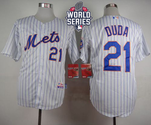 Mets #21 Lucas Duda White(Blue Strip) Home Cool Base W 2015 World Series Patch Stitched Jersey