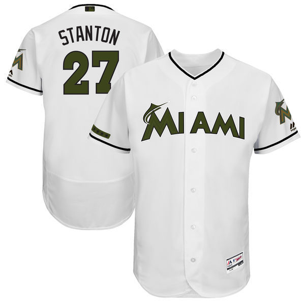 Miami Marlins #27 Giancarlo Stanton Majestic White 2017 Memorial Day Authentic Collection Flex Base Player Stitched Jersey