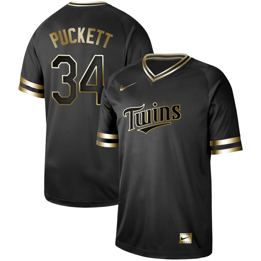 Minnesota Twins #34 Kirby Puckett Black Gold Stitched Jersey