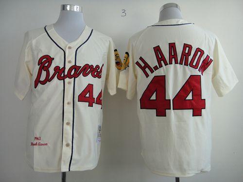 Mitchell And Ness 1963 Braves #44 Hank Aaron Cream Throwback Stitched Jersey
