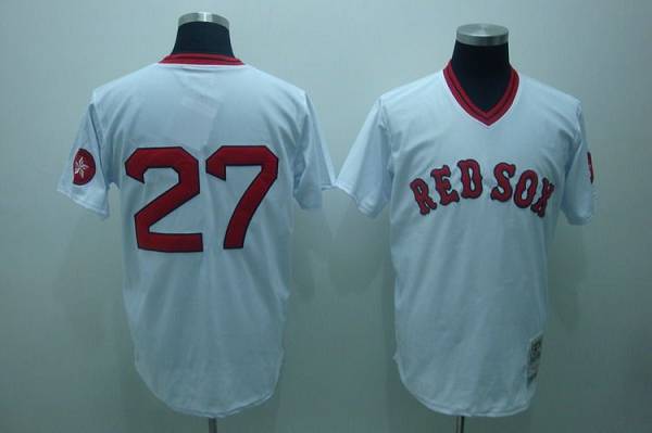 Mitchell And Ness Red Sox #27 Carlton Fisk Stitched White Throwback Jersey