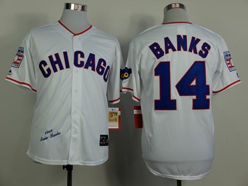 Mitchell And Ness 1968 Cubs #14 Ernie Banks White Throwback Stitched Jersey