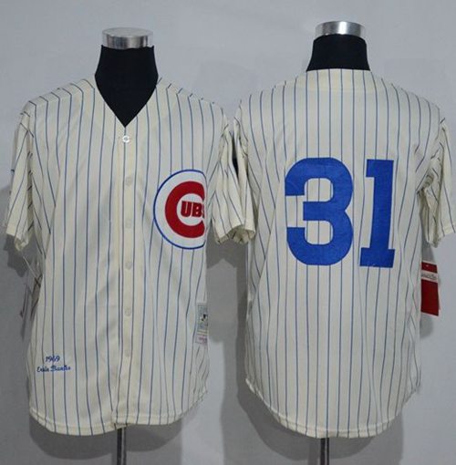 Mitchell And Ness 1969 Cubs #31 Greg Maddux Cream Strip Throwback Stitched Jersey