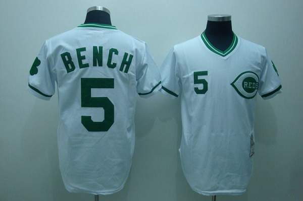 Mitchell And Ness Reds #5 Johnny Bench Stitched White Green Patch Throwback Jersey